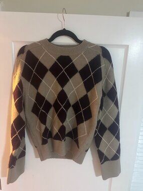 Zara Argyle Crewneck Sweater - Taupe & Dark Brown